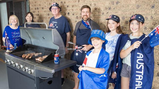 Mary, Cristal, Des, Matt, Jensen, Sas and Tamelia are ready for Australia Day at Orchard Hills. Picture: Ted Lamb