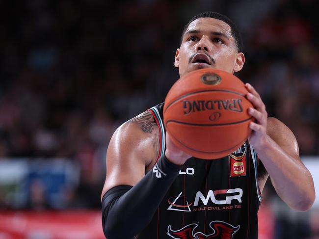 WOLLONGONG, AUSTRALIA - MARCH 05: Trey Kell III of the Hawks shootsduring game three of the NBL Semi Final Series between Illawarra Hawks and South East Melbourne Phoenix at WIN Entertainment Centre, on March 05, 2025, in Wollongong, Australia. (Photo by Matt King/Getty Images)