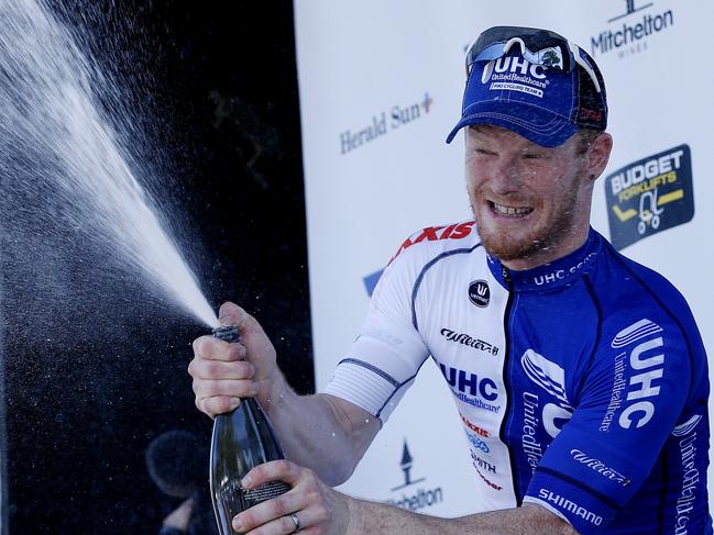 Herald Sun Tour Stage 3. Traralgon to Inverloch. Stage winner John Murphy sprays the winners champagne . Pic: Michael Klein