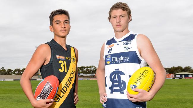 Glenelg’s Ashton Moir (L) and South Adelaide star Tom Schirmer will be players to watch during the SANFL under-16 Torrens University Cup grand final. Sunday’s match will be live streamed by The Advertiser. Picture: Brenton Edwards