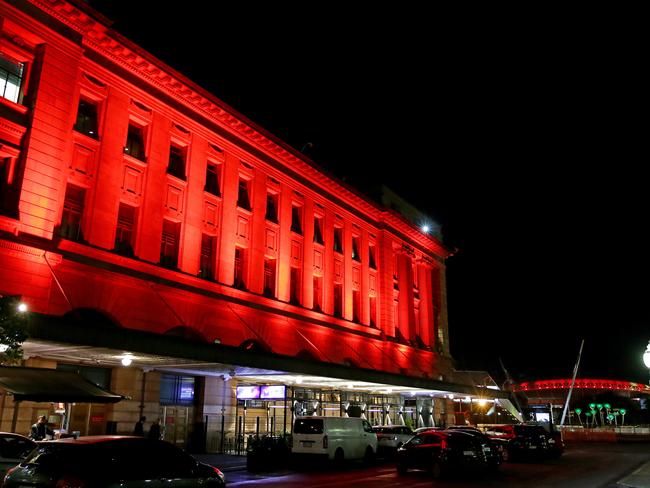 The Adelaide Casino goes red in anticipation of Liverpool’s visit.