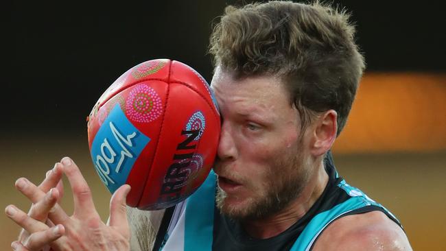 Brad Ebert cops a shot to the head. Picture: Getty Images