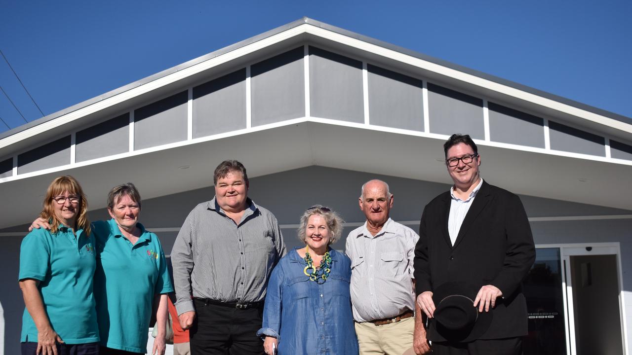 Show Whitsunday committee members Helen Wright and Sue Quantock, Whitsunday Cr John Collins, Show Whitsunday committee president Donna Rogers, Show Whitsunday patron Bill Camm, and Dawson MP George Christensen in front of the new pavilion, which replaces a building destroyed by Cyclone Debbie. Picture: Kirra Grimes