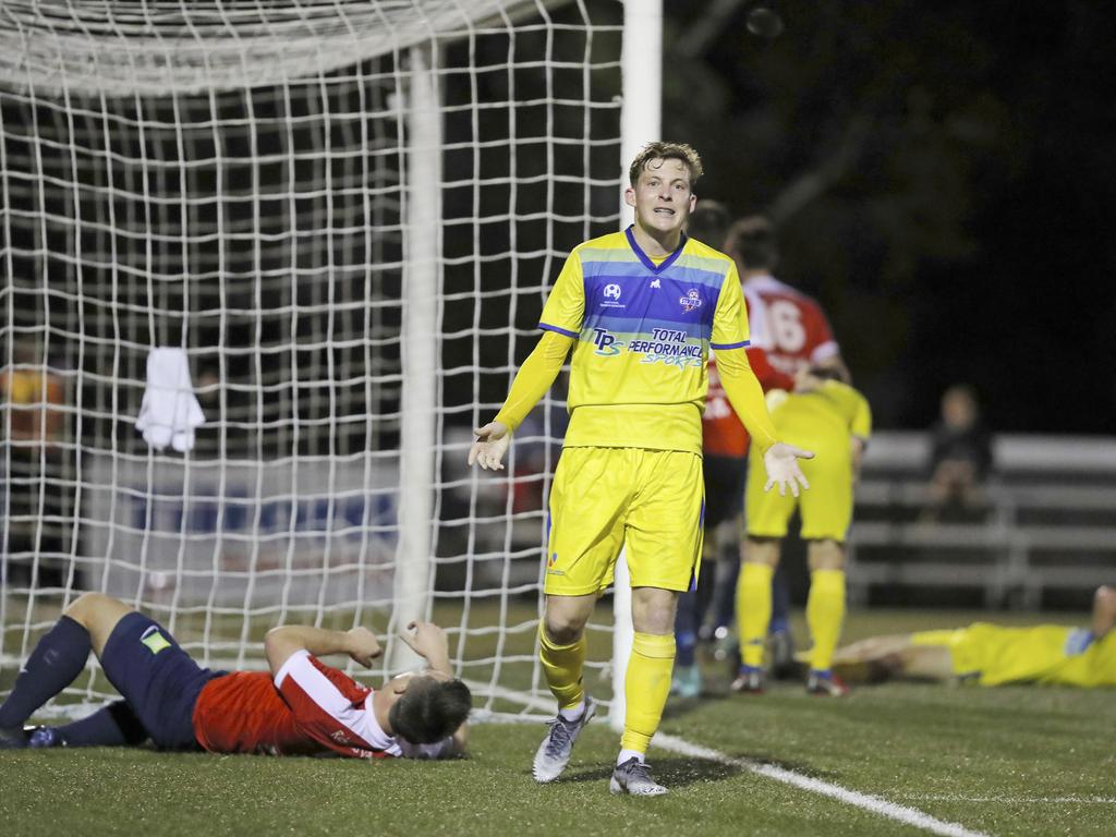 Lokoseljac Cup Final at KGV. Devonport Strikers versus South Hobart. Devonport's Max Fitzgerald frustrated at an unsuccessful attacking move. Picture: PATRICK GEE