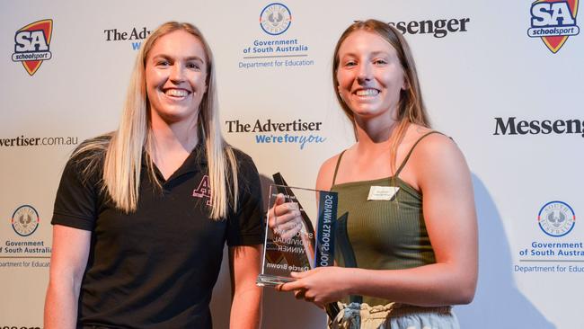 Netballer Hannah Petty with SA School Sport award winner and rising cricketer Darcie Brown from Henley High School at the 2020 SA School Sports. Picture: Brenton Edwards