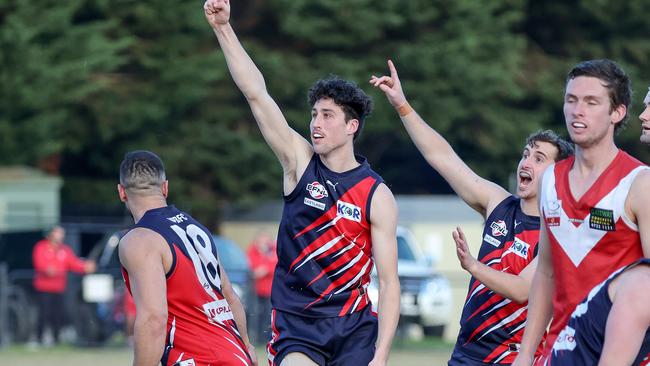 EFL Division 3 2022: Nicholas Frescher of the Waverley Blues celebrates his goal. Picture: George Salpigtidis