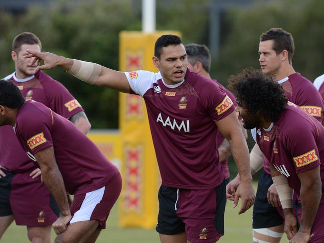 Ben Te'o (centre) played seven games for the Maroons. Picture: AAP Image/Dave Hunt