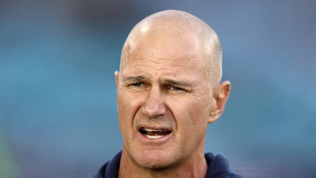 SYDNEY, AUSTRALIA - JUNE 12:  Eels coach Brad Arthur is interviewed before the round 15 NRL match between Canterbury Bulldogs and Parramatta Eels at Accor Stadium on June 12, 2023 in Sydney, Australia. (Photo by Matt King/Getty Images)