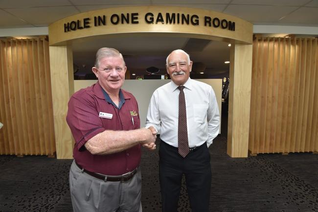 Hervey Bay RSL Services and Memorial Club president Ray Eustace and Hervey Bay Golf Club president John MacLeod-Paterson inside the revamped Hervey Bay Golf Club. Picture: Alistair Brightman