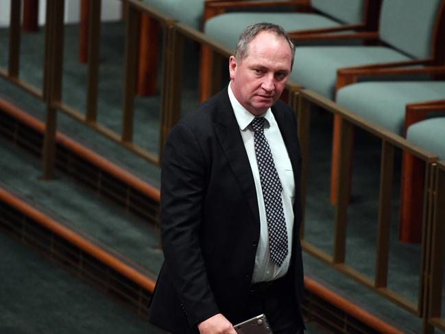 Former deputy prime minister Barnaby Joyce leaves after Question Time in the House of Representatives at Parliament House in Canberra, Tuesday, February 27, 2018. (AAP Image/Mick Tsikas) NO ARCHIVING