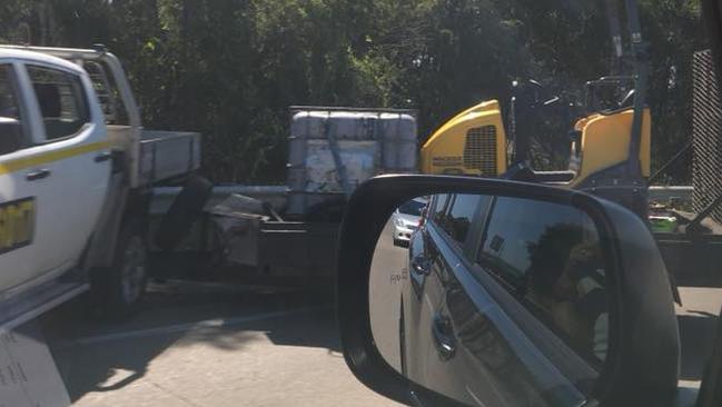 Ute and truck have jackknifed in the slow lane on the M1 southbound this afternoon.