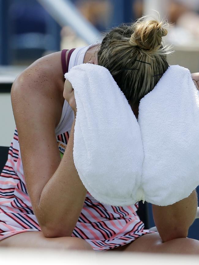 Kristyna Pliskova, of the Czech Republic, cools off with an ice towel during a changeover. Picture: AP Photo