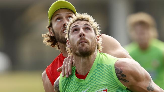 Sam Naismith, pictured at Sydney training with fellow ruckman Tom Hickey, was not offered a contract for next year. Picture: Phil Hillyard