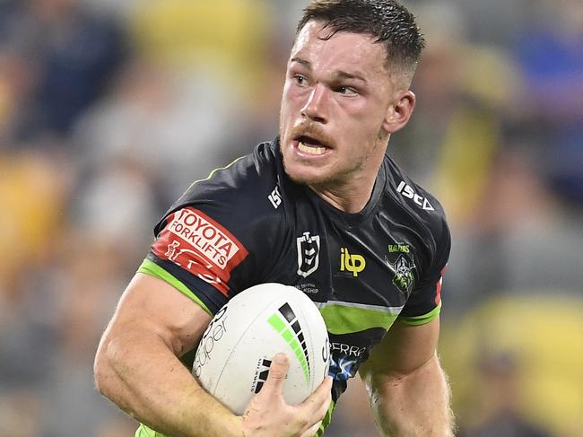 TOWNSVILLE, AUSTRALIA - APRIL 24:  Tom Starling of the Raiders makes a break during the round seven NRL match between the North Queensland Cowboys and the Canberra Raiders at QCB Stadium, on April 24, 2021, in Townsville, Australia. (Photo by Ian Hitchcock/Getty Images)