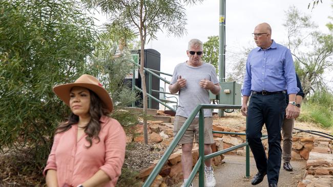 Opposition leader Peter Dutton speaks with Chris Wallace, who has lived in Alice Springs since 1988. Also pictured is Senator Jacinta Price. Picture: Liam Mendes