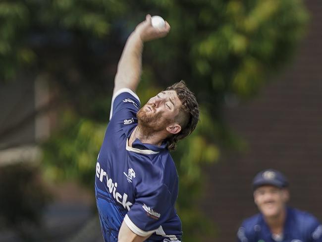 Dandenong District CA prelim final: Berwick v Springvale South. James Wilcock bowling For Berwick. Picture: Valeriu Campan