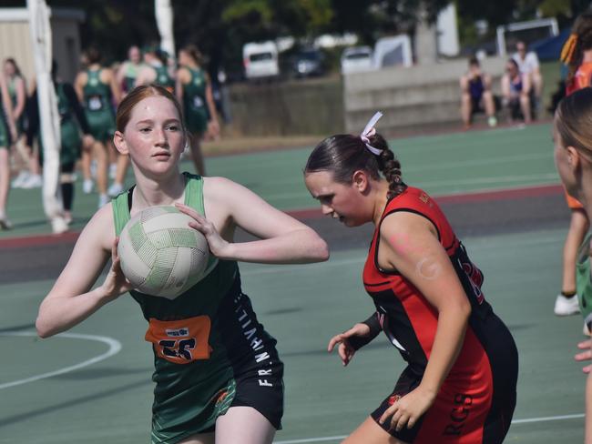 Action from Rockhampton Netball's annual Sullivan's Carnival at Jardine Park, Rockhampton, on May 24, 2025.