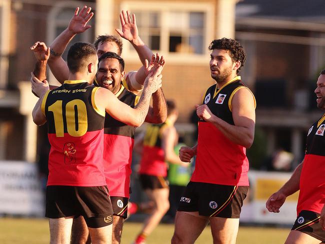 Fitzroy Stars players celebrate a goal against Thomastown. Picture Andrew Tauber