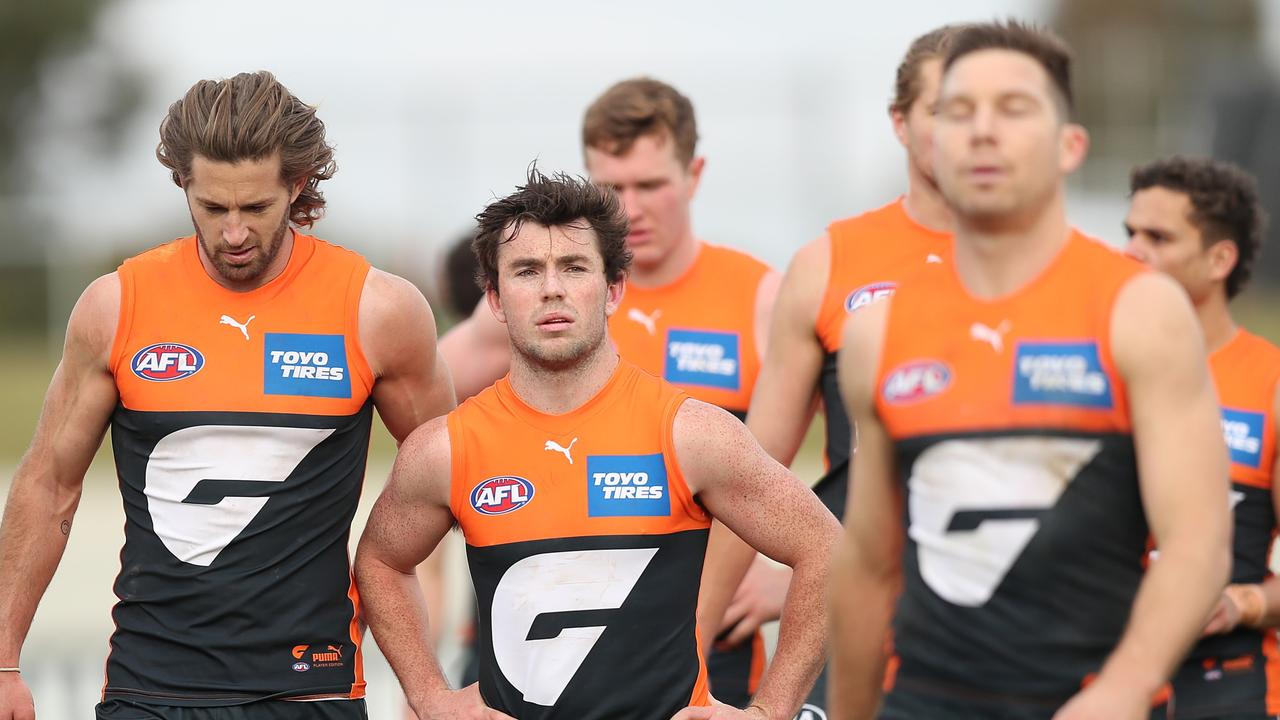 BALLARAT, AUSTRALIA - JULY 11: The Giants look dejected following the round 17 AFL match between Greater Western Sydney Giants and Gold Coast Suns at Mars Stadium on July 11, 2021 in Ballarat, Australia. (Photo by Graham Denholm/AFL Photos via Getty Images)