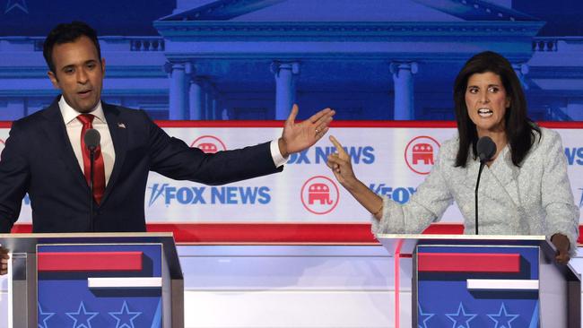 Republican presidential candidates, Vivek Ramaswamy (L) and former U.N. Ambassador Nikki Haley participate in the first debate of the GOP primary season. Picture: Getty Images via AFP.