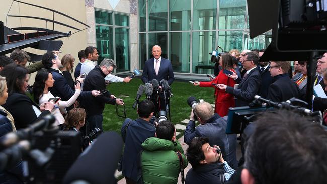 Peter Dutton holds a press conference at Parliament House after being defeated in his tilt at the leadership. Picture: Kym Smith