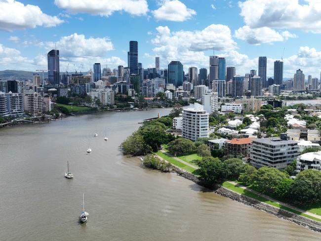 Aerial view of riverfront apartments in the inner city Brisbane suburb of New Farm. The suburb has some of the Queensland capital city's most expensive real estate. Picture: Brendan Radke