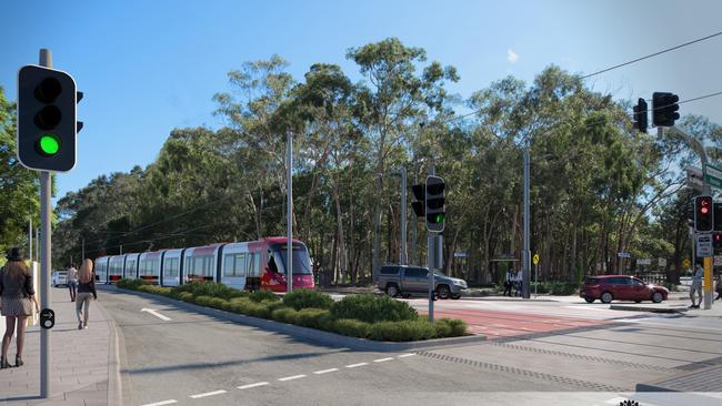 The light rail at the intersection of Church St and Pennant Hills Rd, North Parramatta.