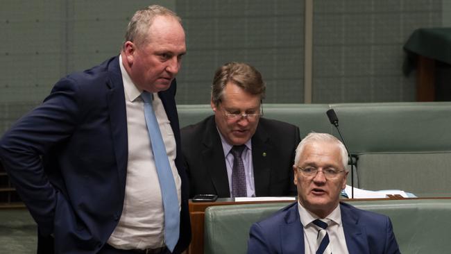 Deputy Prime Minister of Australia Barnaby Joyce and Damian Drum during Question Time at Parliament House in Canberra. Picture: NCA NewsWire / Martin Ollman