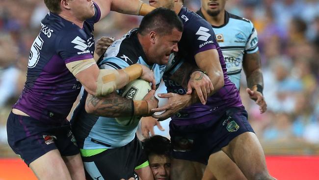 Andrew Fifita on the charge for the Sharks in the NRL grand final.