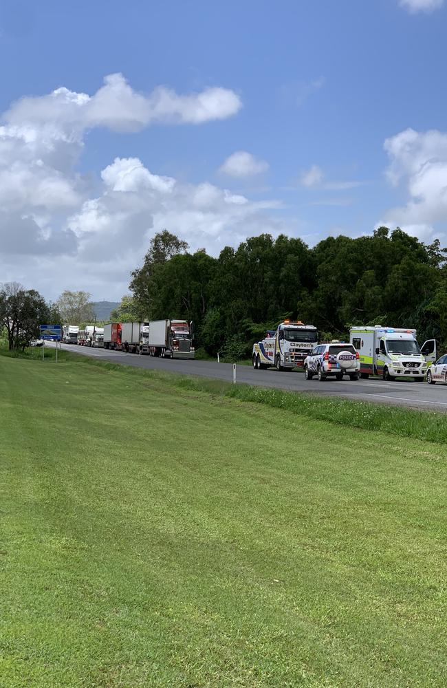 A burnt out truck blocks the Bruce Highway south of Mackay on October 12, 2022. Picture: Duncan Evans