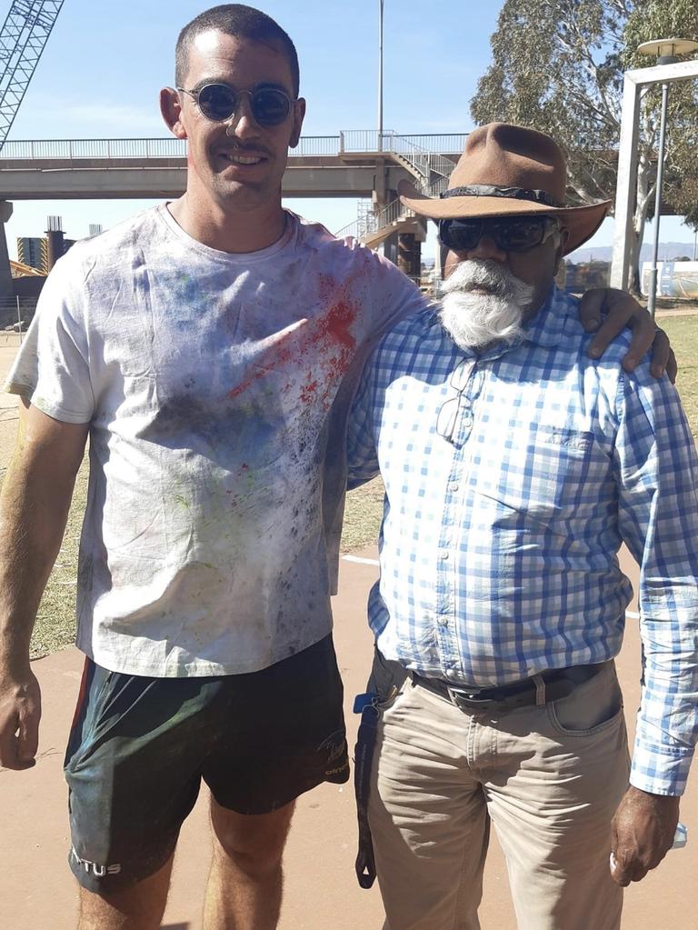 Taylor Walker with Ian Crombie in Port Augusta. Picture: Facebook/Ian Crombie