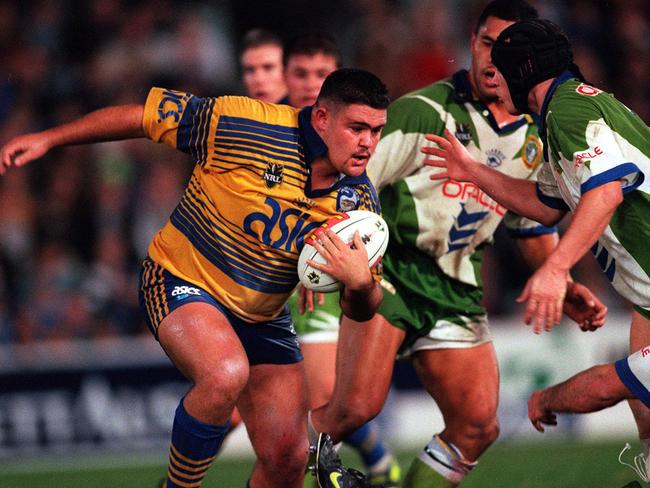 Cult hero Mark Tookey on the charge against the Canberra Raiders in 1999.