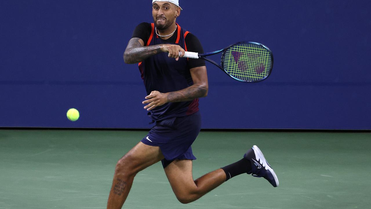 Nick Kyrgios of Australia fires a forehand. Picture: Jamie Squire/Getty Images