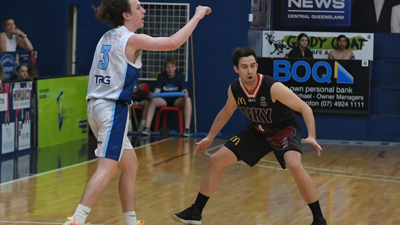 BASKETBALL ConocoPhillips CQ Cup Rd 1: Rockhampton Rockets' Jaxson Zulian and Mackay Meteors' Marcus Fossey
