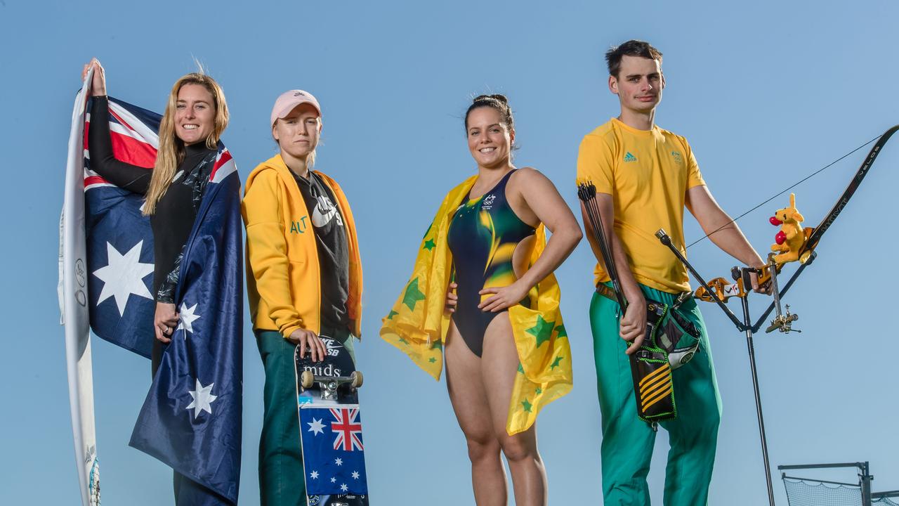 One Year to Go to the 2020 Olympics Games in Tokyo: Australian athletes Hayley Wilson Skateboarding, Nikki van Dijk Surfing, Anabelle Smith Diving and Alec Potts Archery.
