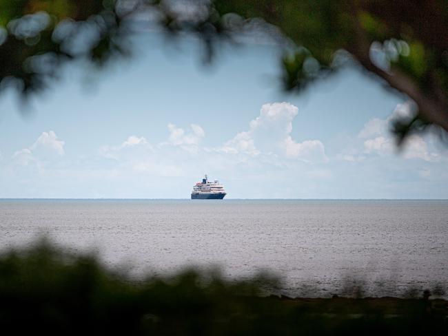 The MS <i>Caledonian Sky</i> off East Point ... a tour company has reached an in-principle agreement with the Federal Government over a bid to allow the foreign cruise ship to dock in Darwin. Picture: Che Chorley