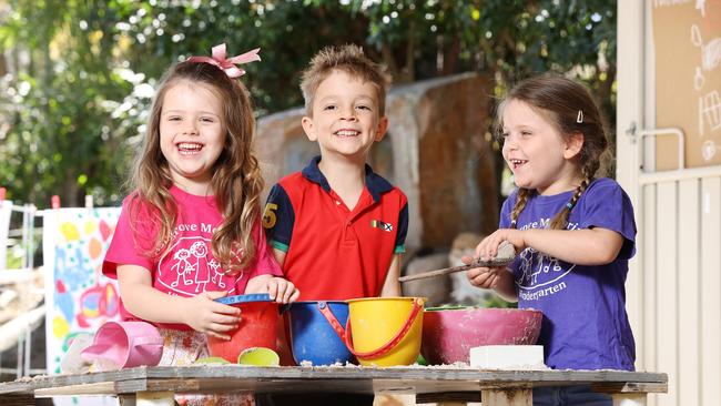 Thomasine Morris, 4, Frankie Moss, 5, and Henrietta Hacking, 3, at Ashgrove Memorial Kindergarten. Picture: Tara Croser