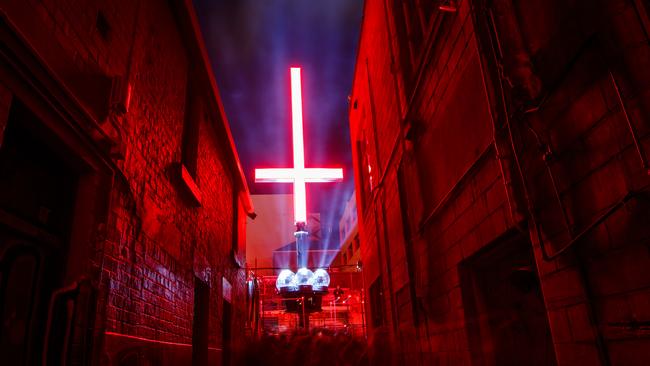 The inverted crosses have prompted “a lot of complaints” with the Lord Mayor saying the council may slash its sponsorship for Dark Mofo. Picture: Dark Mofo/Jesse Hunniford