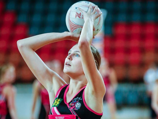 Hoggies’ goal attack Olivia Hatzimalis will miss Thursday night’s Round 2 clash against Nightcliff with a shoulder injury. Pic Glenn Campbell