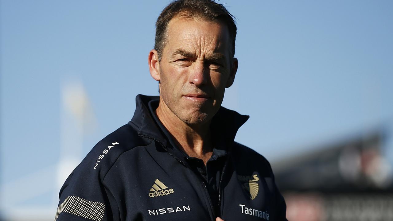 LAUNCESTON, AUSTRALIA – JULY 10: Hawks head coach Alastair Clarkson looks on before the round 17 AFL match between Hawthorn Hawks and Fremantle Dockers at University of Tasmania Stadium on July 10, 2021 in Launceston, Australia. (Photo by Daniel Pockett/AFL Photos/via Getty Images)