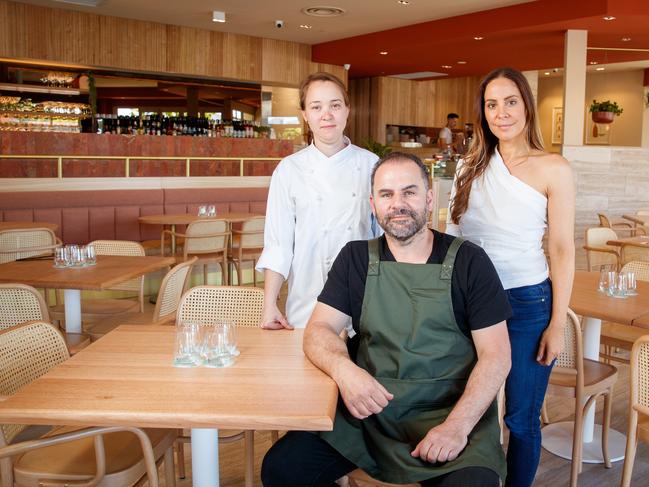 Chef Jaime Glennie with James and Danielle Elia in their new restaurant, Pippo, in North Adelaide. Photo: Matt Turner