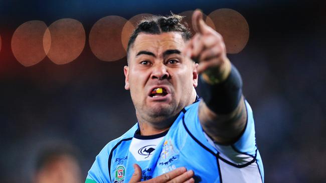 Andrew Fifita of the Blues celebrates a try.