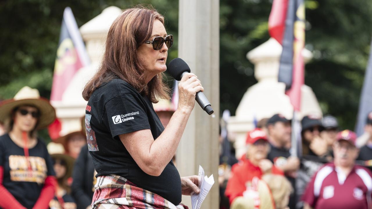 Queensland Council of Unions acting general secretary Jacqueline King speaks before the Toowoomba Labour Day march, Saturday, April 29, 2023. Picture: Kevin Farmer