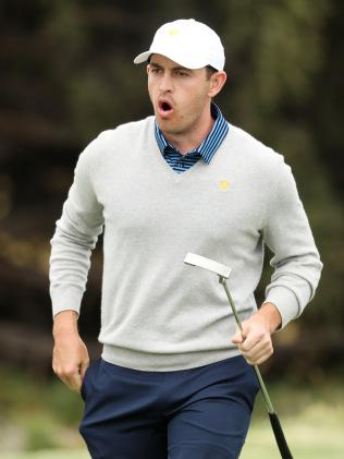 Patrick Cantlay celebrates his matchwinning putt on the 18th. 