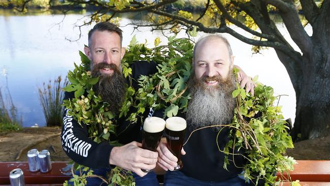 (L-R) Andrew Donovan and Anthony Young from Forgotten Island Brewery are pictured at the Derwent River at New Norfolk to promote Sunday’s Derwent Valley Festival. Picture: MATT THOMPSON