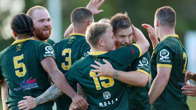 Wyong celebrate a try in their victory over Berkeley Vale. Photo: Sue Graham