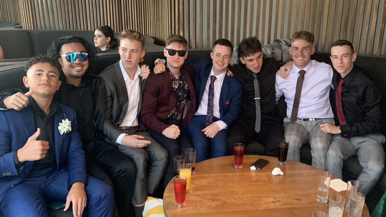 Landen Proud, Levi Xuenphanh-Saolele, Jaylen Gibson, Brayden Mashford, Murphy Cross, Trent Horrex, Billy Mussig, and Steele Dwyer at the 2021 Springfield Central State High School Year 12 formal on the 17th of November 2021. Picture: Supplied