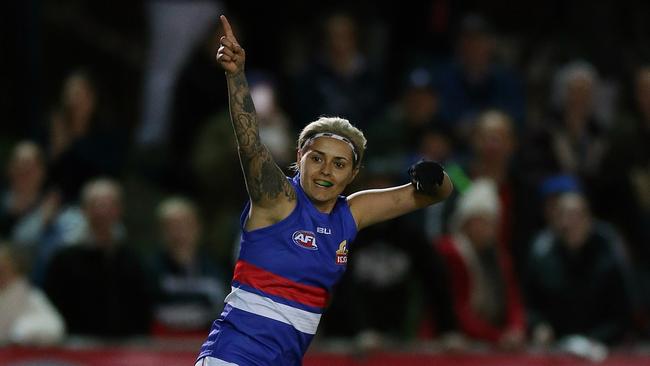 Moana Hope celebrates a goal during the women’s All-Star game played during the bye weekend ahead of this year’s finals series. Picture: Wayne Ludbey