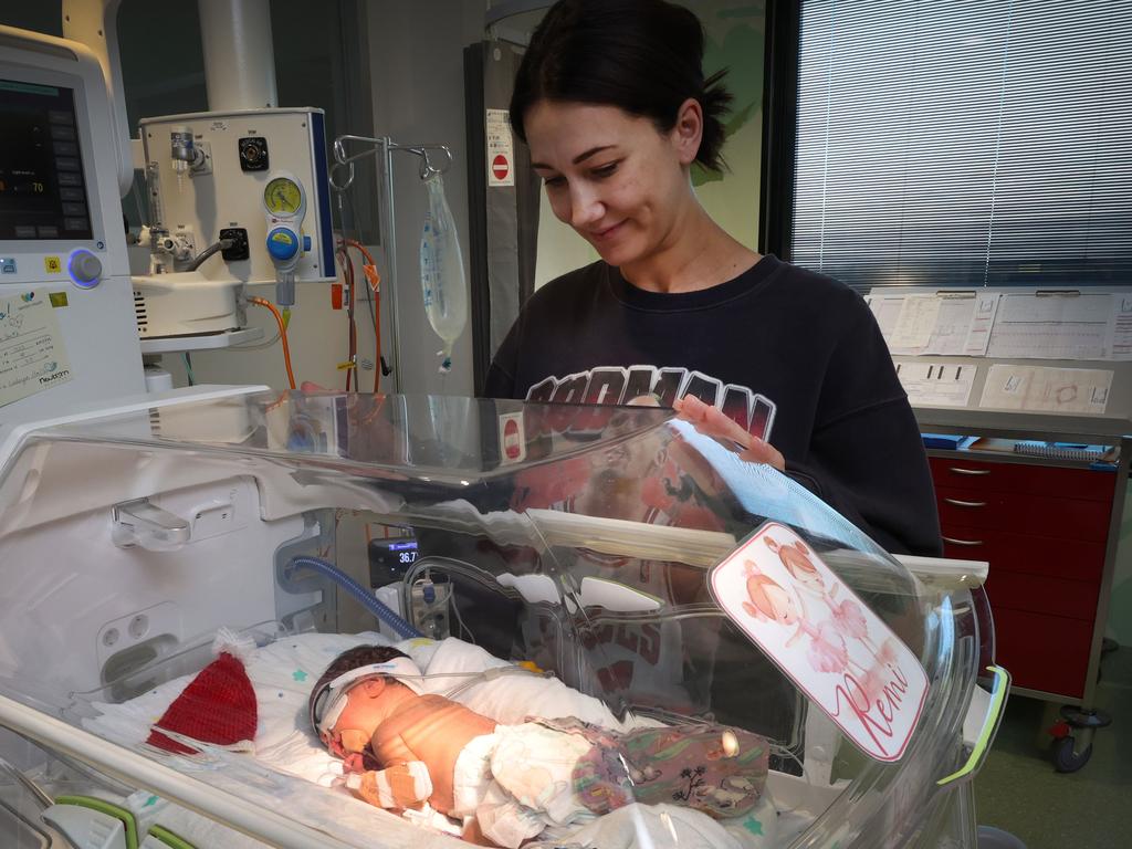 Mum Ashley Smith watches over her daughter Remi at the Joan Kirner Women’s and Children’s Hospital NICU in Sunshine. Picture: David Caird