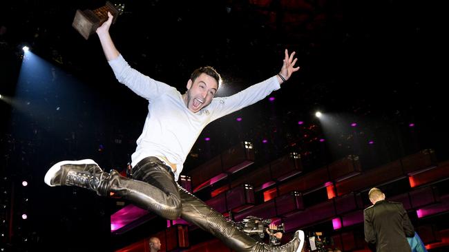 Look no Mans! ... Swedish Eurovision Mans Zelmerlow gets excited. Cool your jets, you haven’t won, mate.